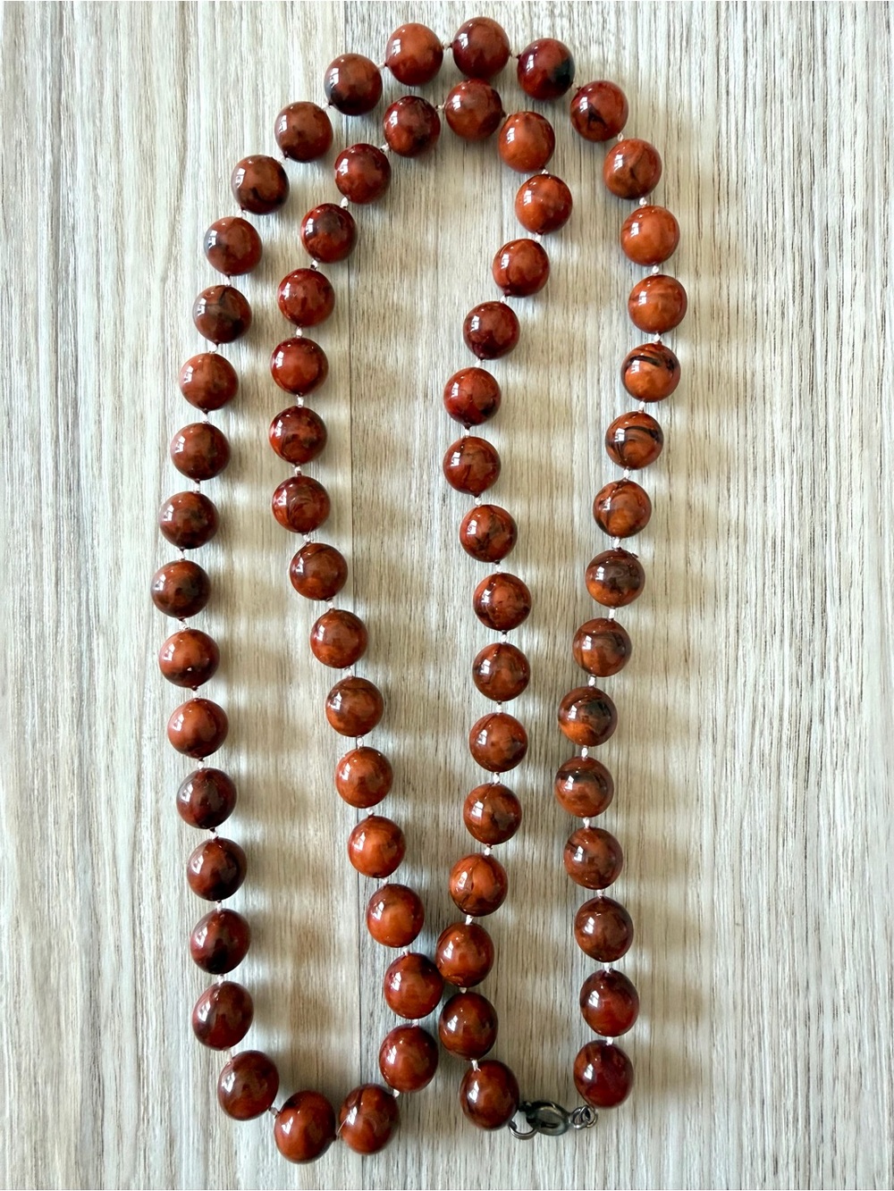 Vintage Brown Marbled Bead Necklace Knotted Faux Mahogany Obsidian Mid-Century